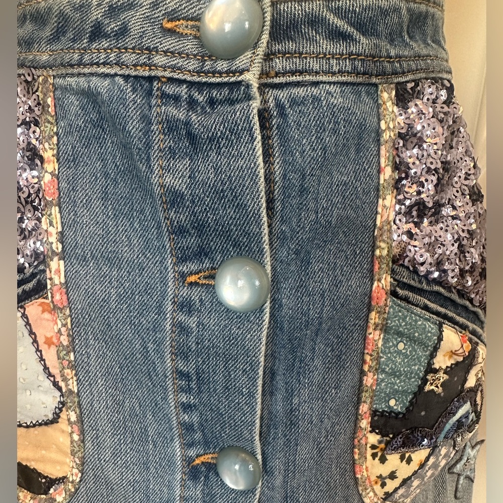 Coach NWOT 100% Cotton Denim Patchwork Button Up Sequin Embroidery Skirt- Size 4 - Picture 6 of 13